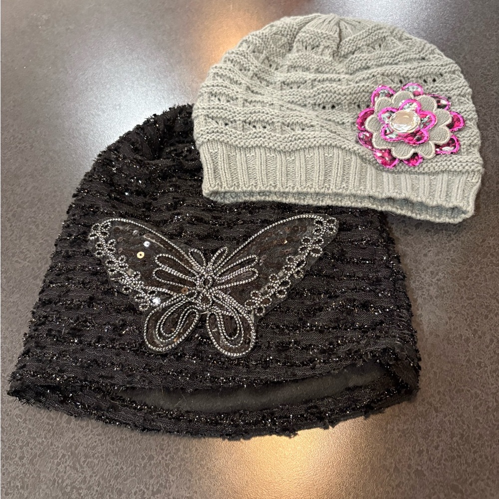 Amanda Blu Gray Knit Hat, turtle fur hat, black sequined knit butterfly hat!